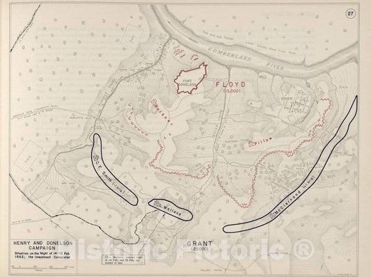 Historic 1962 Map - The West Point Atlas of The Civil War - Henry and Donelson Campaign, February 15-16, 1862