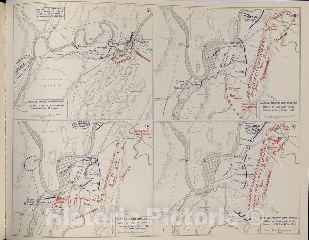 Historic 1959 Map - The West Point Atlas of American Wars - Battles Around Chattanooga, October 1863