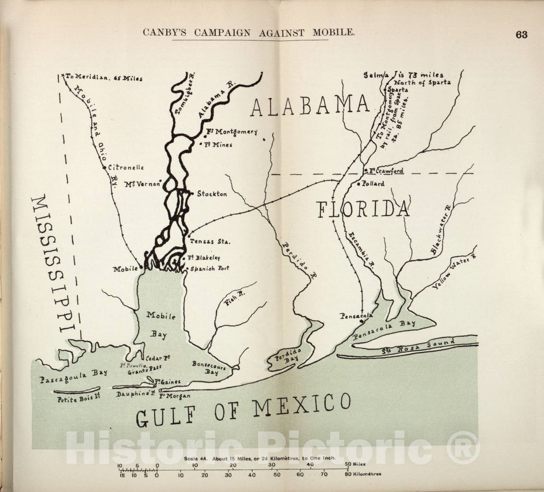 Historic 1910 Map - The American Civil War-maps. - Canby's Campaign Against Mobile 2