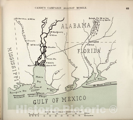 Historic 1910 Map - The American Civil War-maps. - Canby's Campaign Against Mobile 2