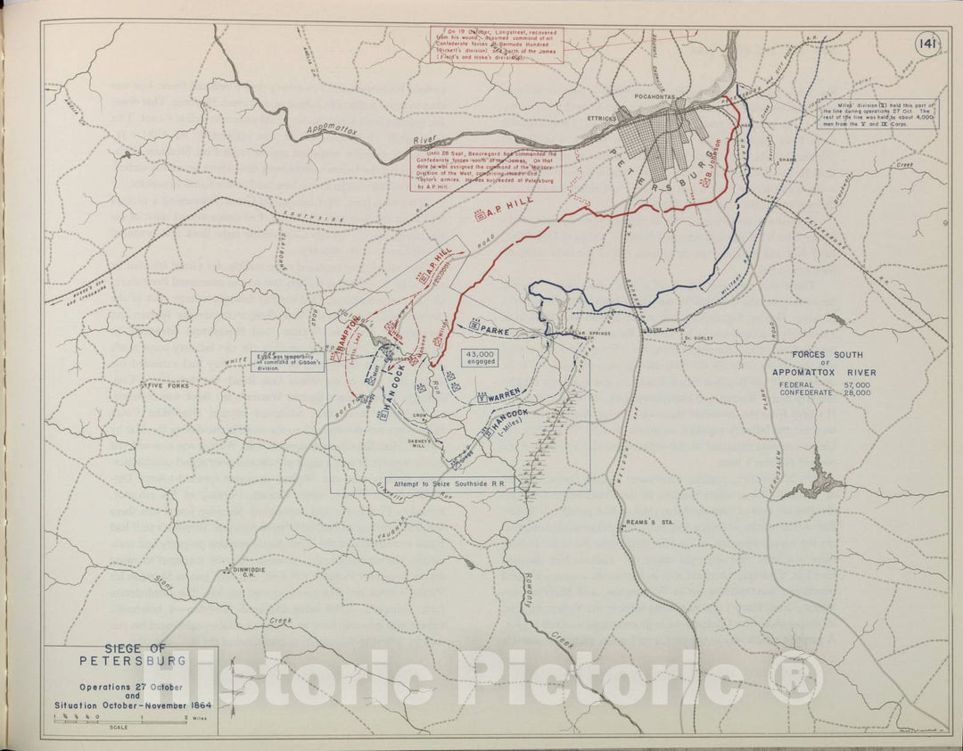 Historic 1959 Map - The West Point Atlas of American Wars - Siege of Petersburg, A.P. Hill, June 1864
