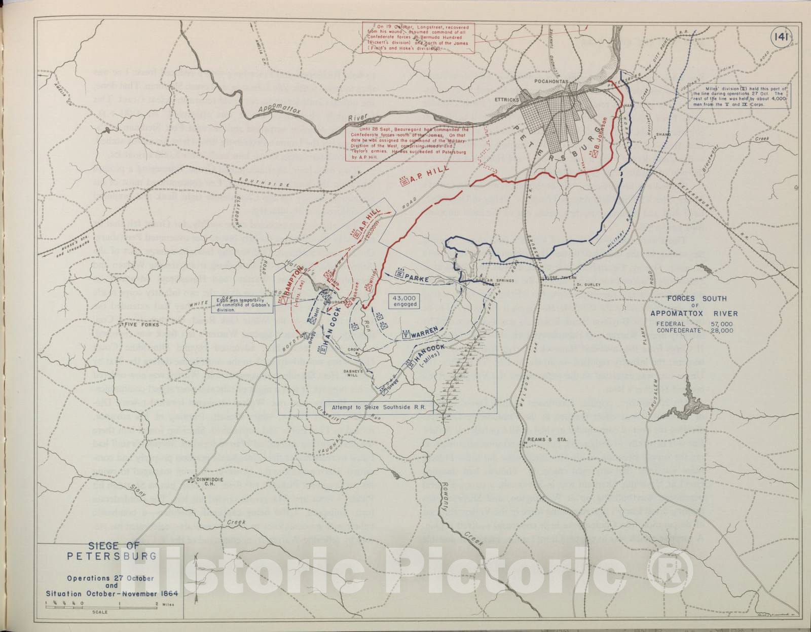 Historic 1959 Map - The West Point Atlas of American Wars - Siege of Petersburg, A.P. Hill, June 1864