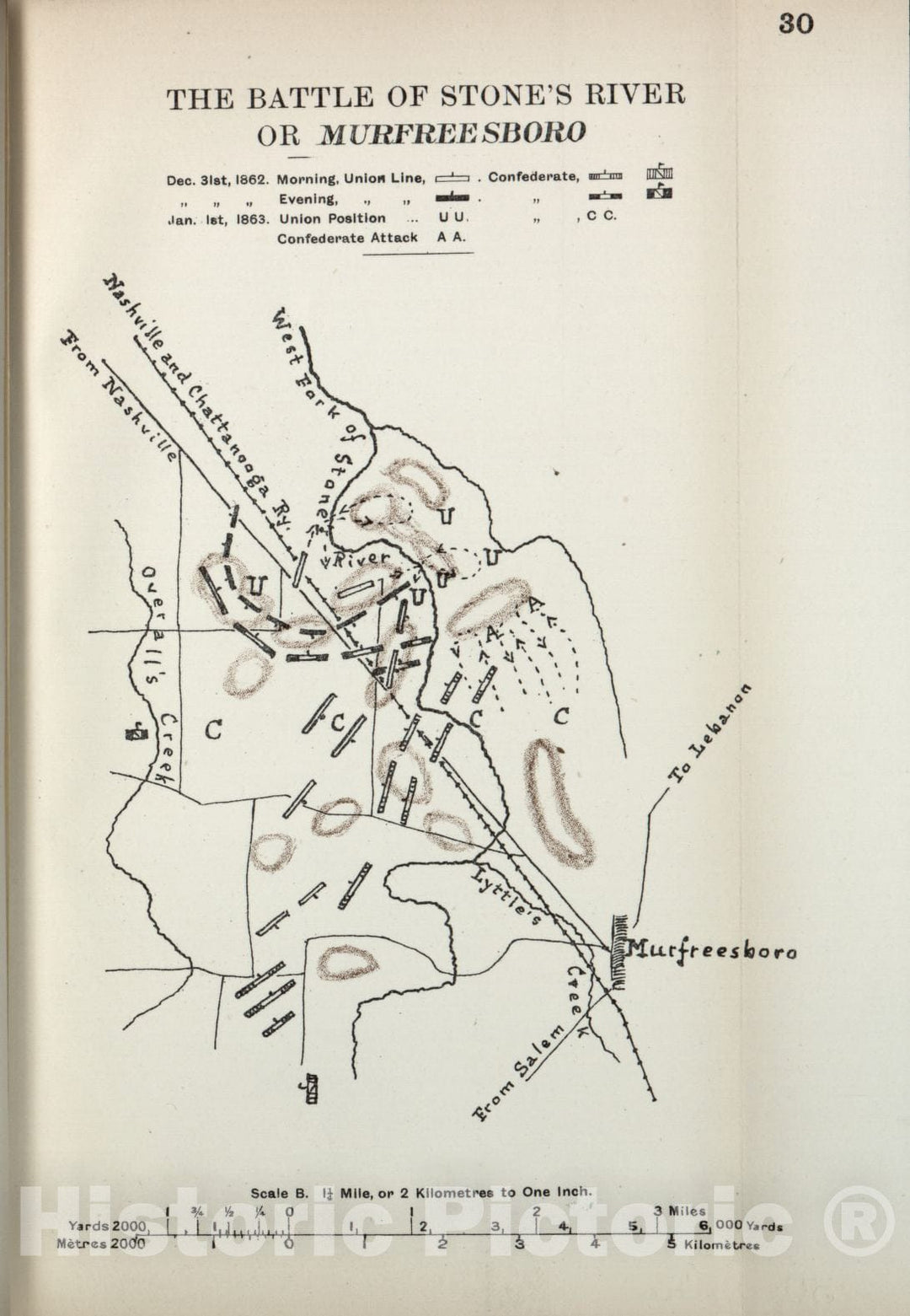 Historic 1910 Map - The American Civil War-maps. - Battle of Stone's River or Murfreesboro 2