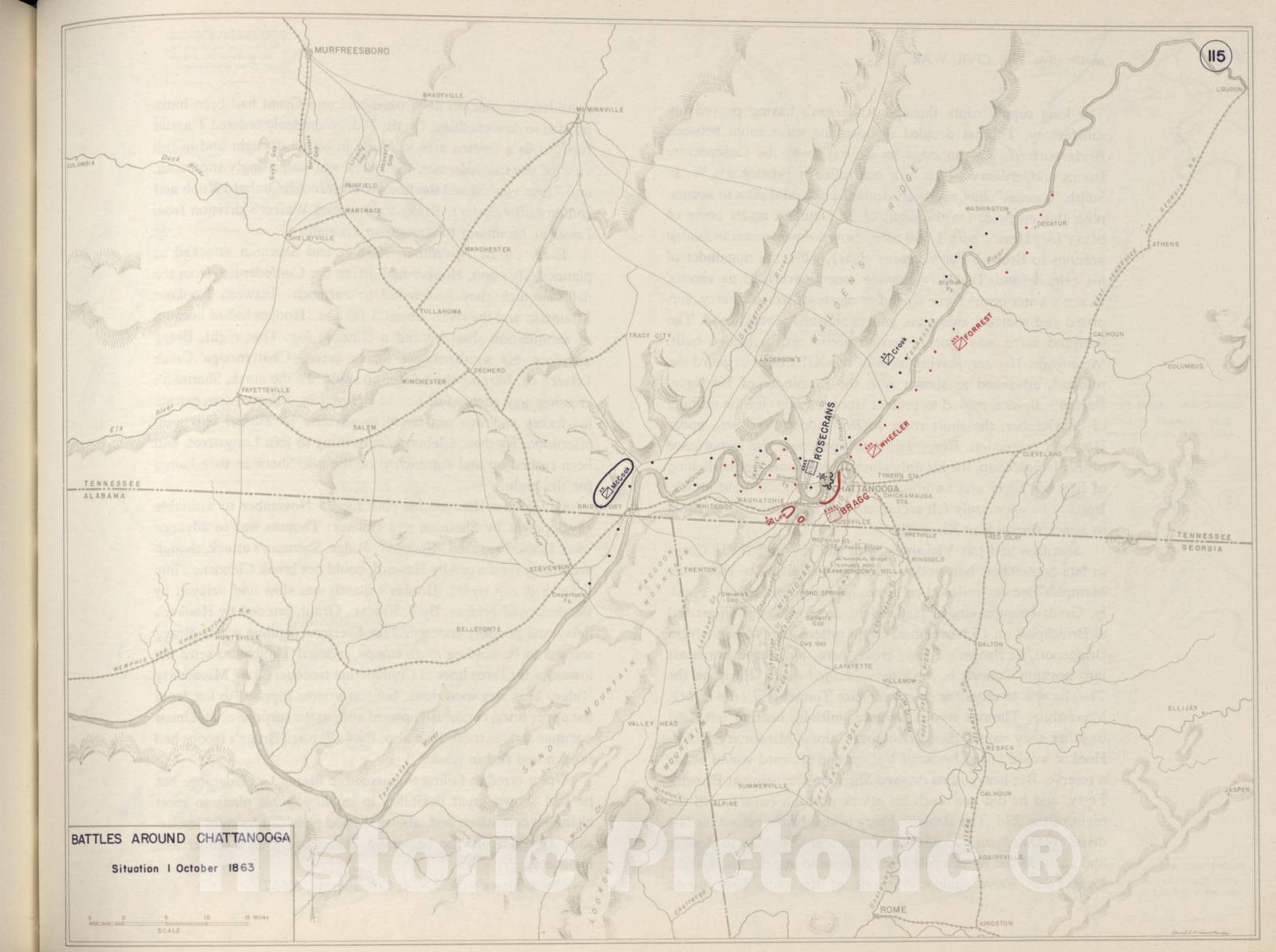 Historic 1962 Map - The West Point Atlas of The Civil War - Battles Around Chattanooga,Lookout Mountain; Missionary Ridge; Oct.-Nov. 1863