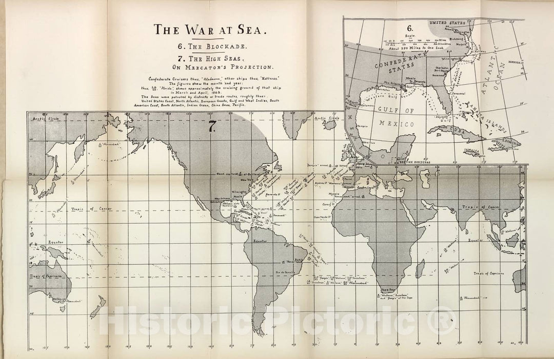 Historic 1910 Map - The American Civil War-maps. - War at sea, 1863 1