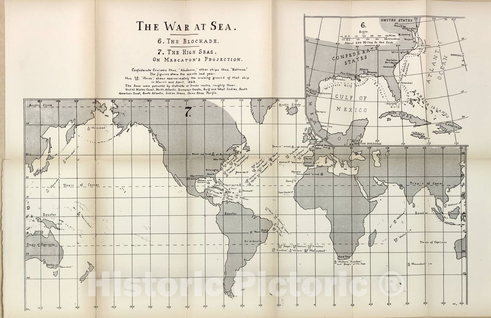 Historic 1910 Map - The American Civil War-maps. - War at sea, 1863 1