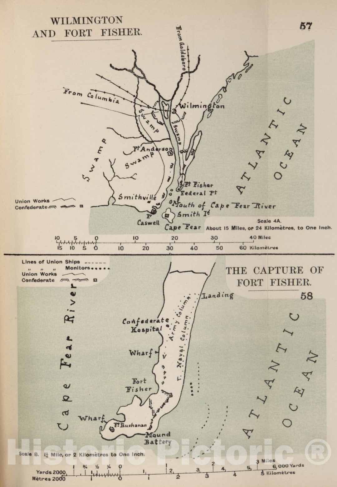 Historic 1910 Map - The American Civil War-maps. - Wilmington and Fort Fisher 1