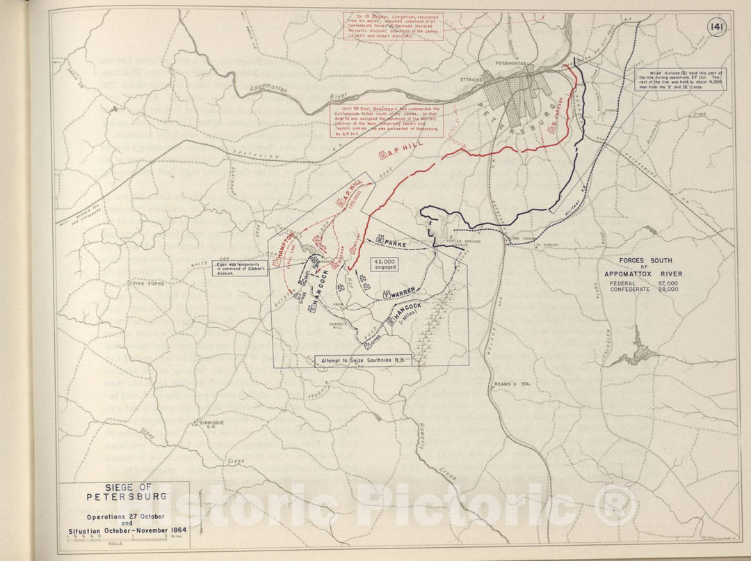 Historic 1962 Map - The West Point Atlas of The Civil War - Siege of Petersburg, Oct. - Nov. 1864
