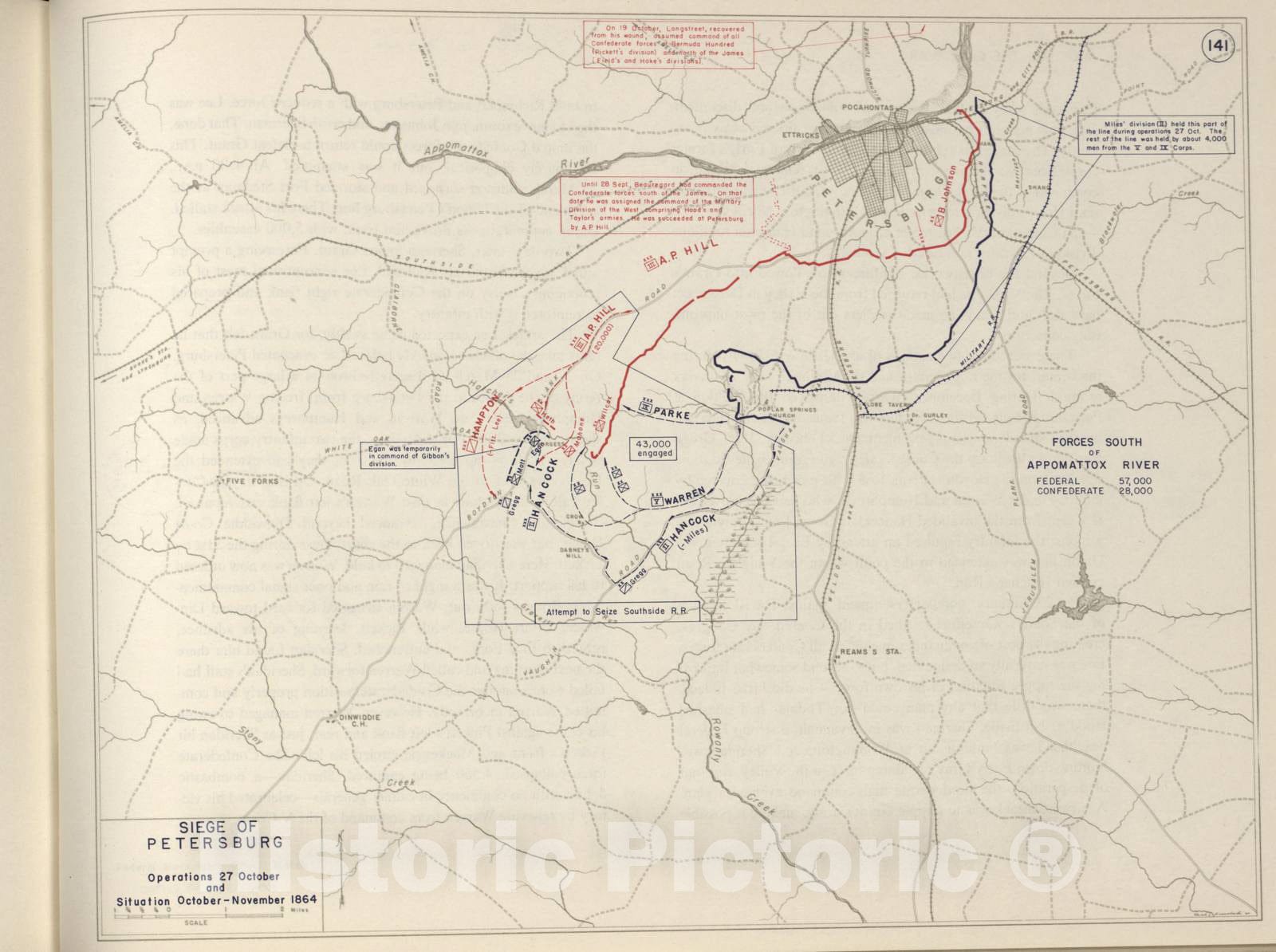Historic 1962 Map - The West Point Atlas of The Civil War - Siege of Petersburg, Oct. - Nov. 1864