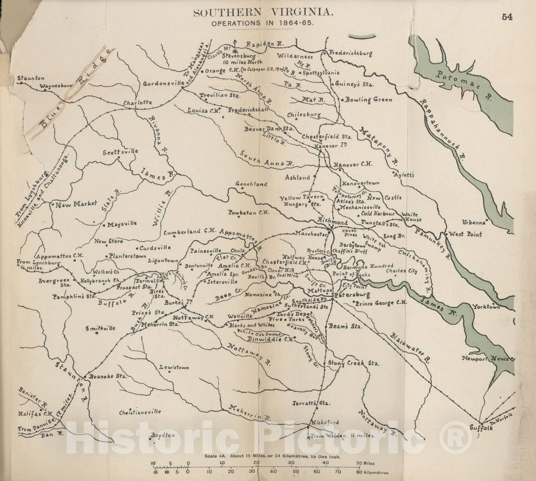 Historic 1910 Map - The American Civil War-maps. - Southern Virginia Operations in 1864-1865 1