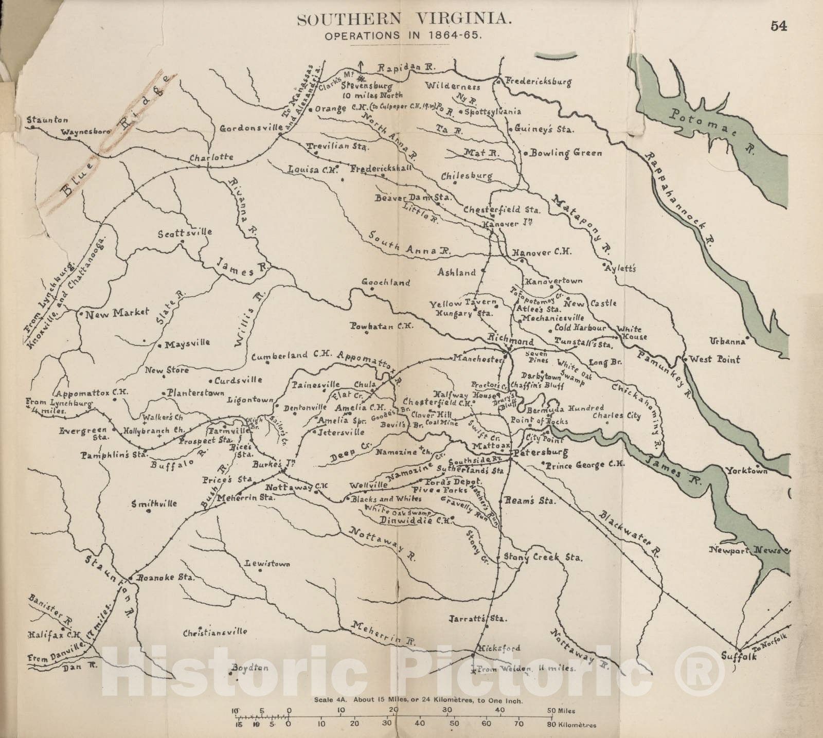 Historic 1910 Map - The American Civil War-maps. - Southern Virginia Operations in 1864-1865 1