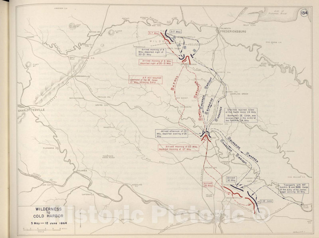 Historic 1962 Map - The West Point Atlas of The Civil War - Wilderness to Cold Harbor, May-June 1864