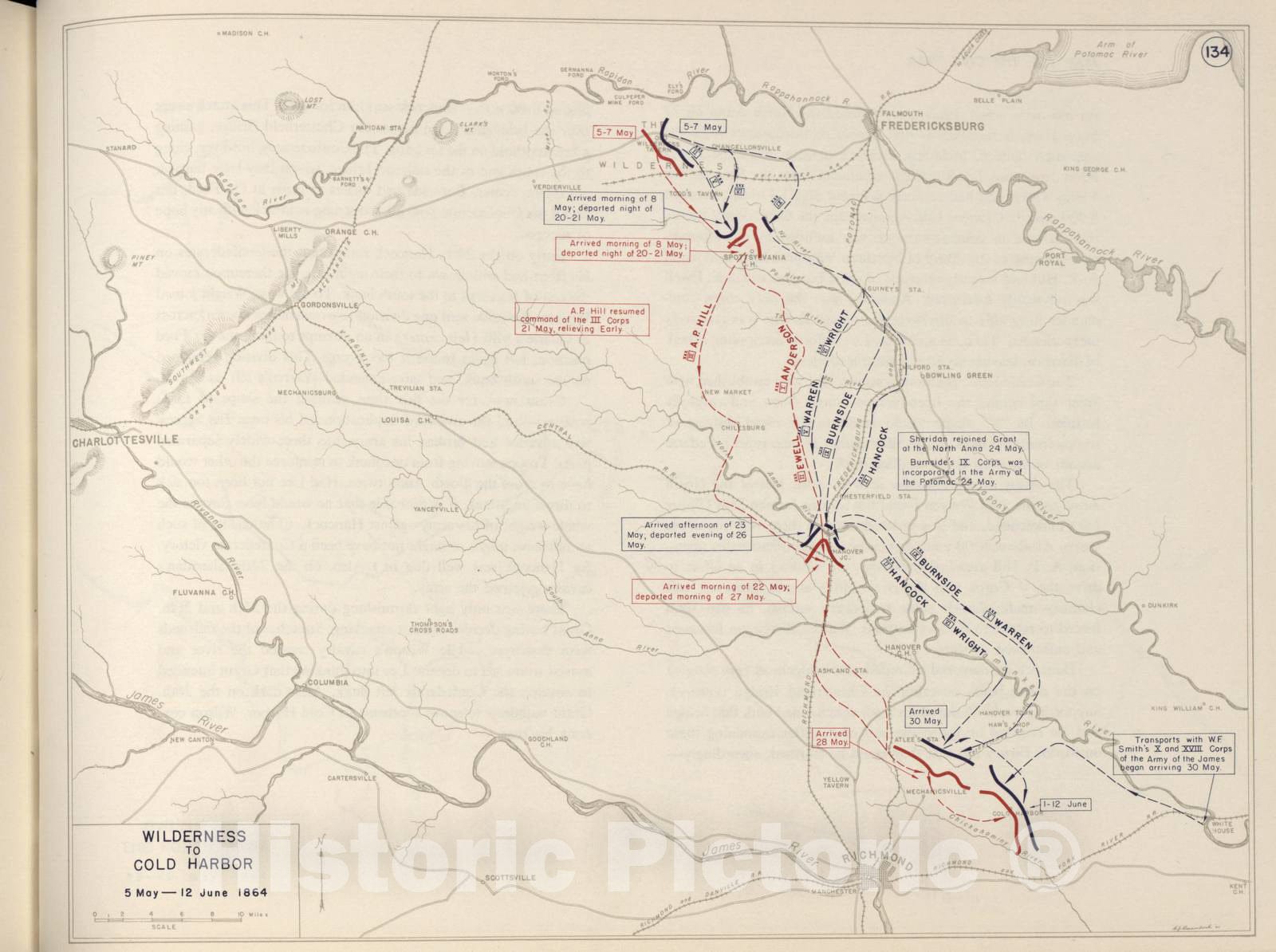 Historic 1962 Map - The West Point Atlas of The Civil War - Wilderness to Cold Harbor, May-June 1864