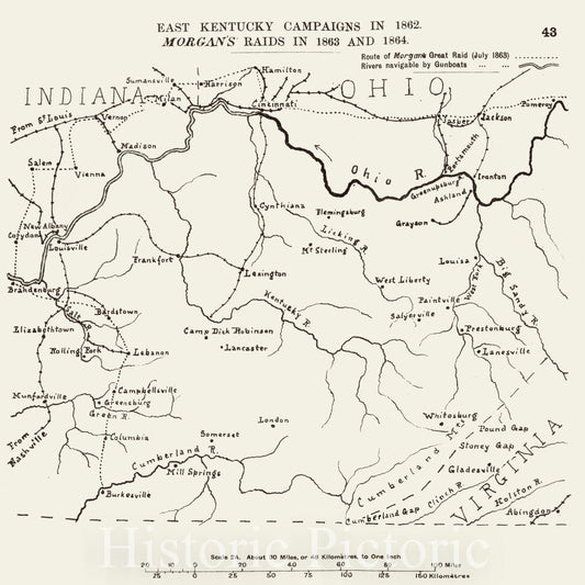Historic 1910 Map - The American Civil War-maps. - East Kentucky campaigns in 1862, Morgan's raids in 1863-1864 2
