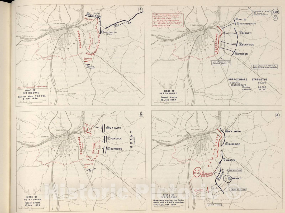 Historic 1962 Map - The West Point Atlas of The Civil War - Siege of Petersburg, A.P. Hill, June 1864