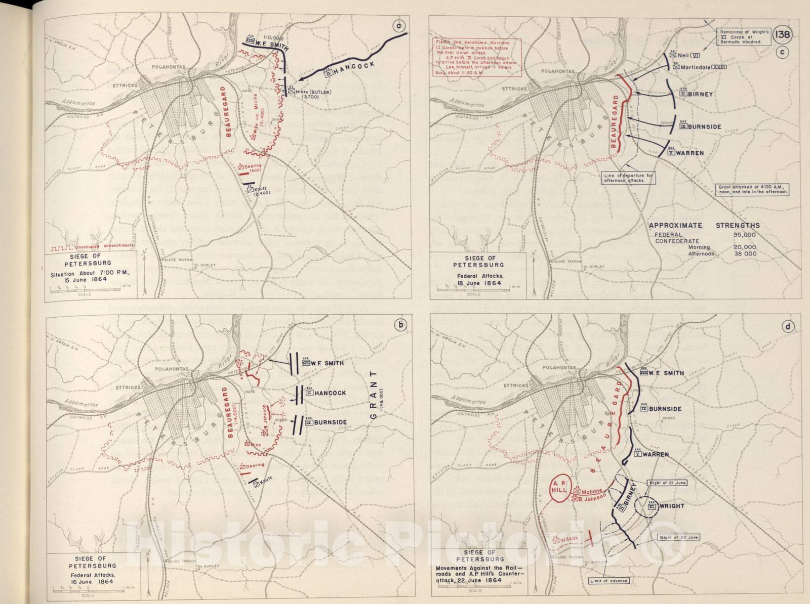 Historic 1962 Map - The West Point Atlas of The Civil War - Siege of Petersburg, A.P. Hill, June 1864