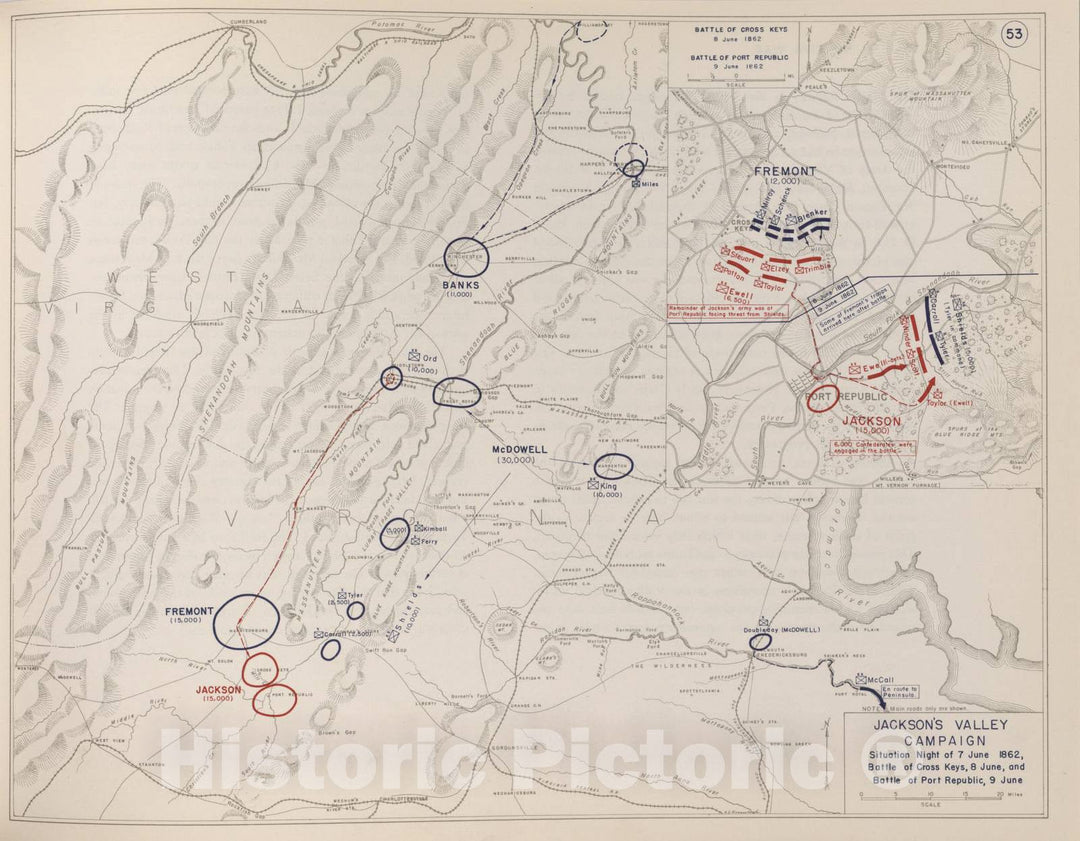 Historic 1959 Map - The West Point Atlas of American Wars - Jackson's Valley Campaign, Battle of McDowell, 1862 1