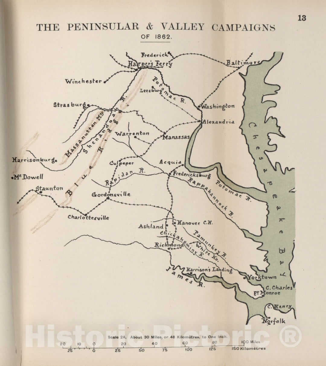 Historic 1910 Map - The American Civil War-maps. - Peninsular and Valley campaigns of 1862 1