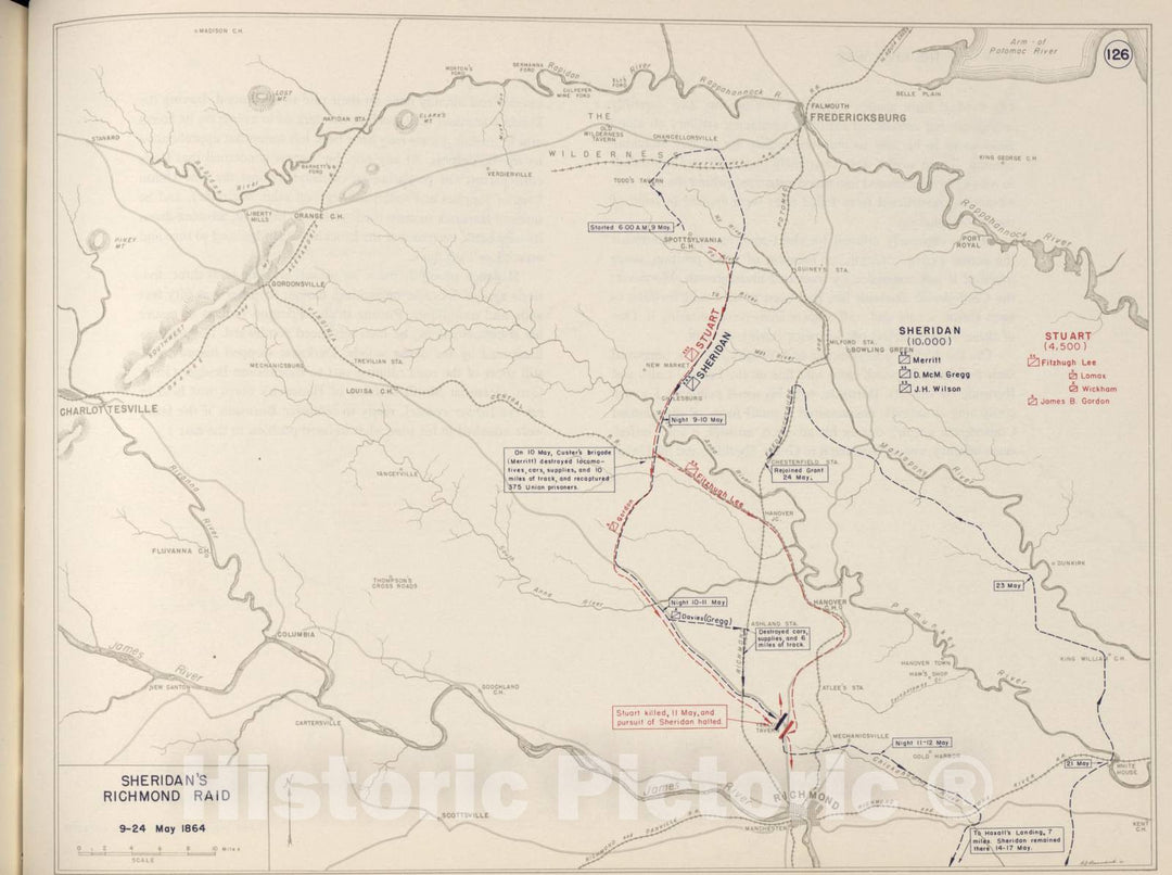 Historic 1962 Map - The West Point Atlas of The Civil War - Sheridan's Richmond Raid, May 1864
