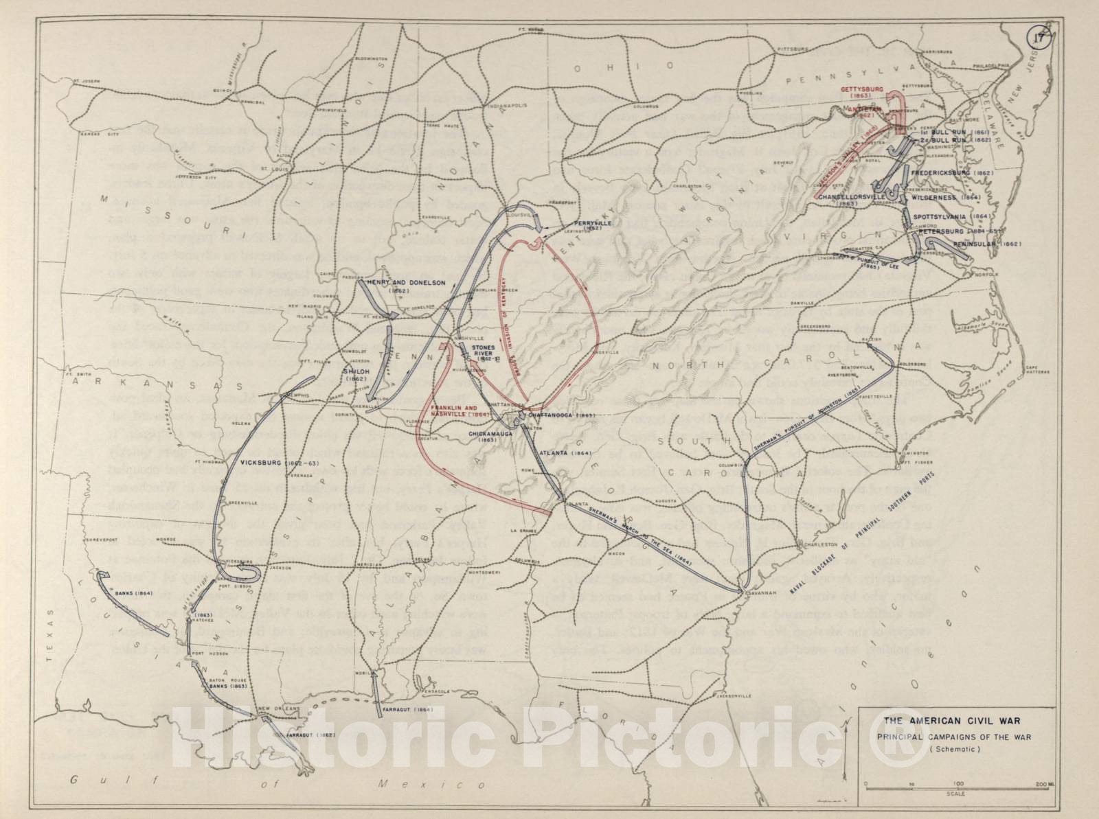 Historic 1962 Map - The West Point Atlas of The Civil War - American Civil War - Principal campaigns of The war