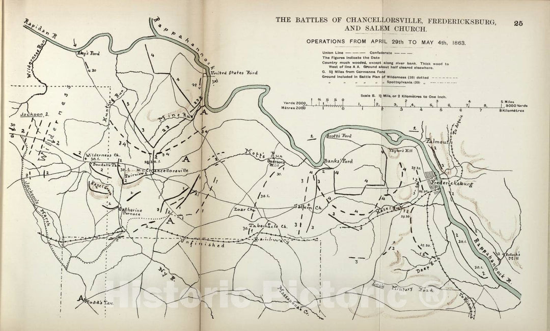 Historic 1910 Map - The American Civil War-maps. - Battles of Chancellorsville, Fredericksburg, and Salem Church, 1863 2
