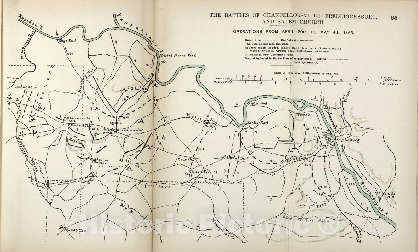 Historic 1910 Map - The American Civil War-maps. - Battles of Chancellorsville, Fredericksburg, and Salem Church, 1863 2