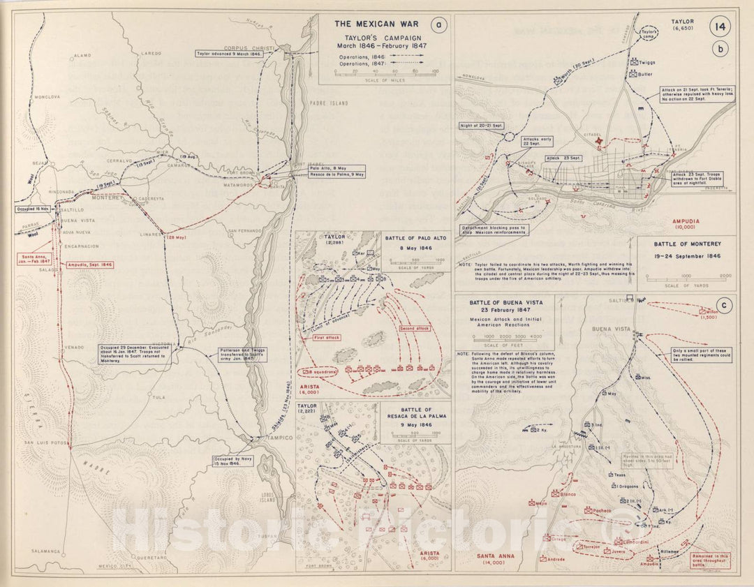 Historic 1959 Map - The West Point Atlas of American Wars - Mexican War - Palo Alto; Resaca de la Palma;Monterey;Buena Vista;1846-1847