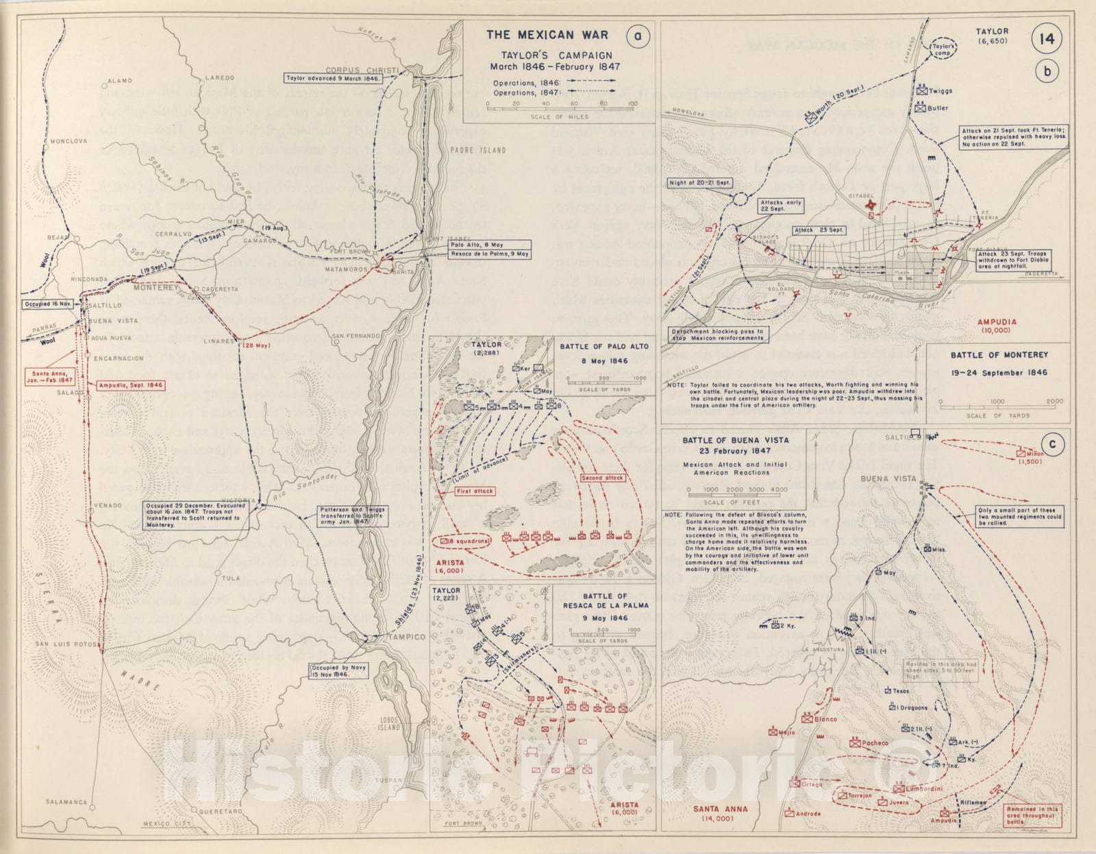 Historic 1959 Map - The West Point Atlas of American Wars - Mexican War - Palo Alto; Resaca de la Palma;Monterey;Buena Vista;1846-1847