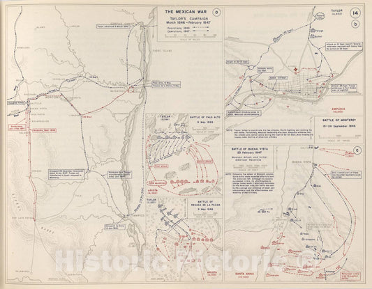 Historic 1959 Map - The West Point Atlas of American Wars - Mexican War - Palo Alto; Resaca de la Palma;Monterey;Buena Vista;1846-1847