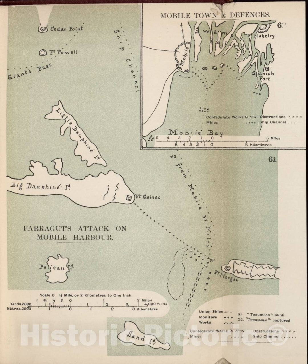 Historic 1910 Map - The American Civil War-maps. - Farragut's Attack on Mobile Harbour, Mobile Town and defences 1