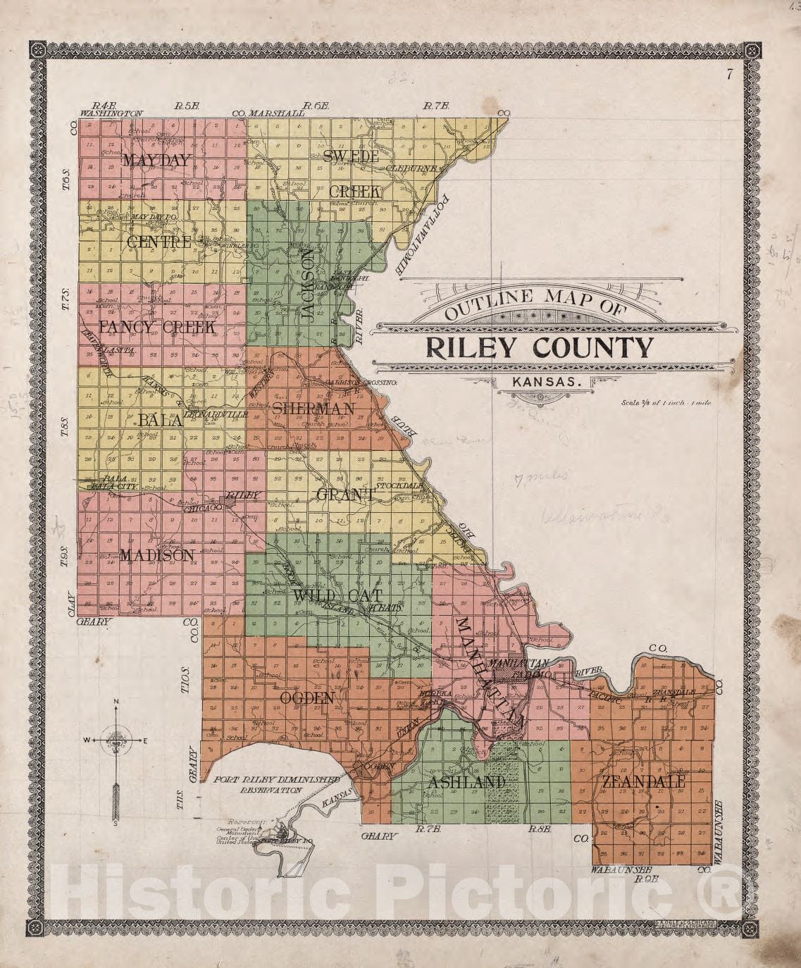 Historic 1909 Map - Standard Atlas of Riley County, Kansas - Outline map of Riley County, Kansas