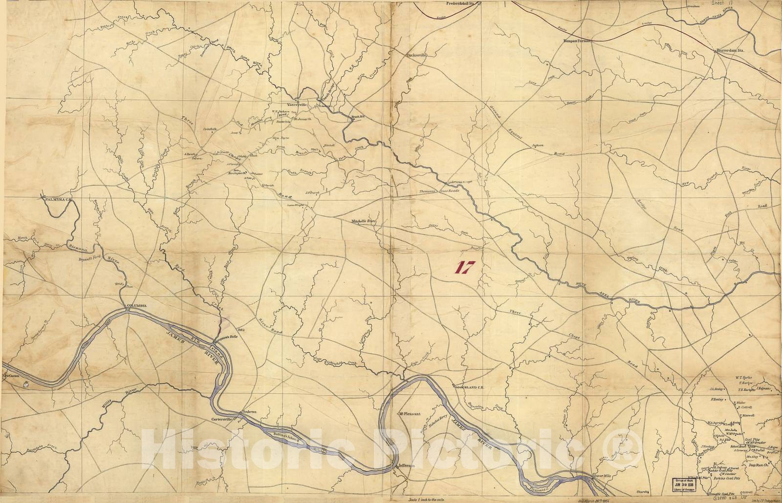 Historic 1864 Map - Central Virginia. - Palmyra C.H, Goochland C.H, and Vicinity, 1864