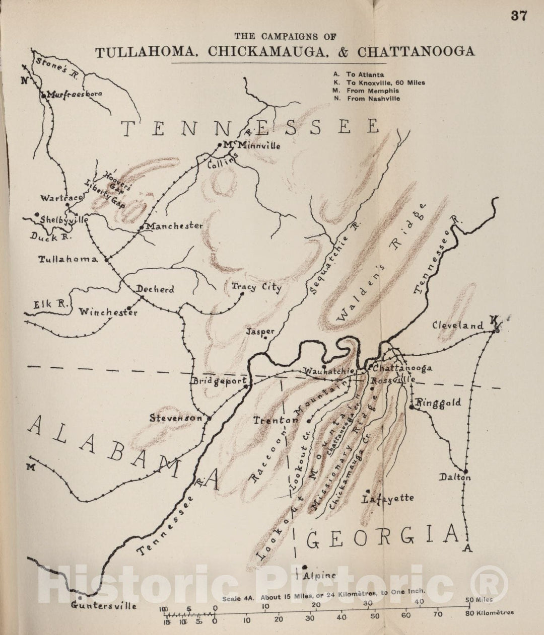 Historic 1910 Map - The American Civil War-maps. - Campaigns of Tullahoma, Chickamauga, and Chattanooga 1