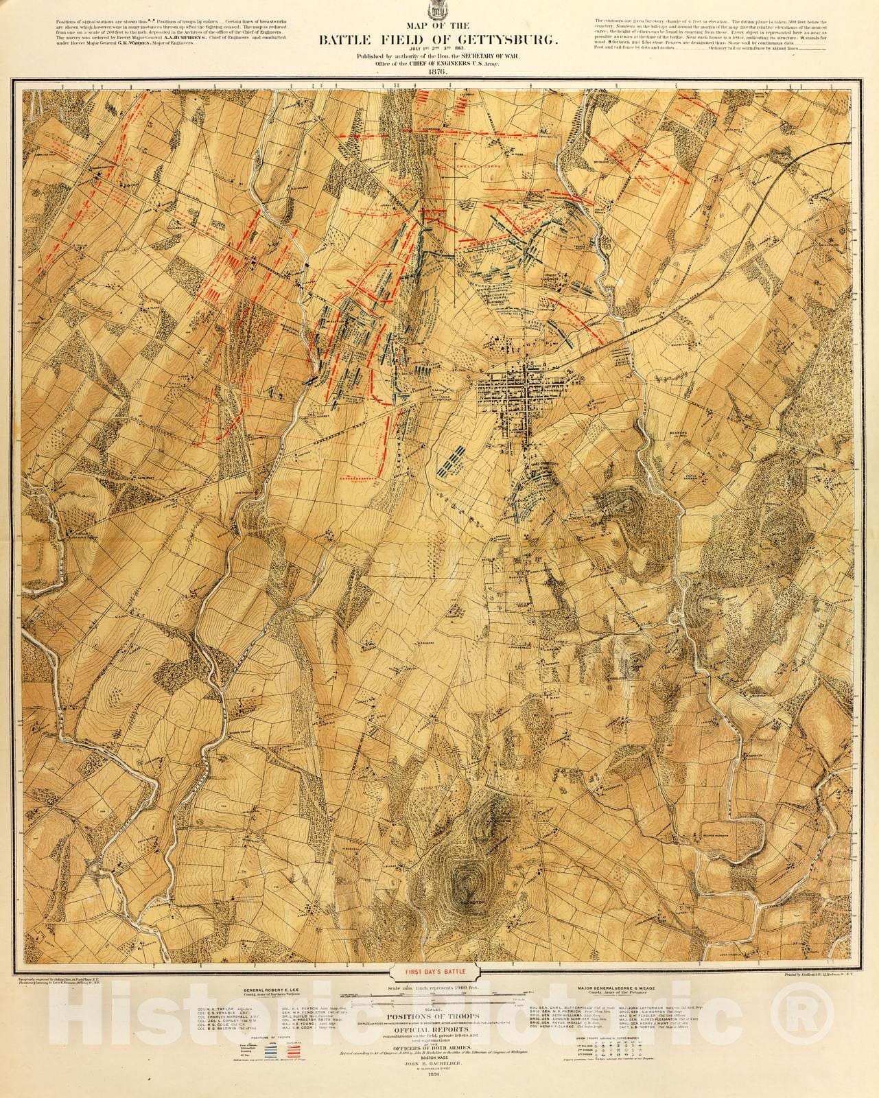 Historic 1879 Map - Military maps. - Map of The Battle Field of Gettysburg, First Day's Battle, July, 1863