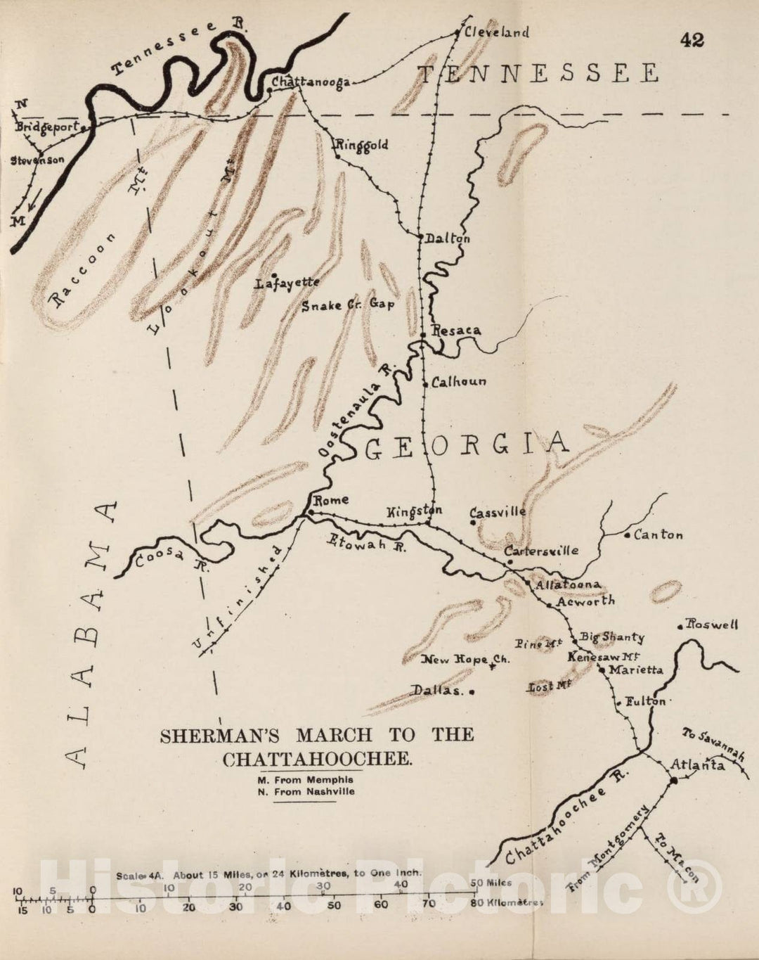 Historic 1910 Map - The American Civil War-maps. - Sherman's March to The Chattanoochee 1