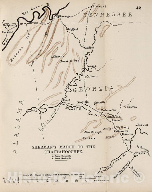 Historic 1910 Map - The American Civil War-maps. - Sherman's March to The Chattanoochee 1