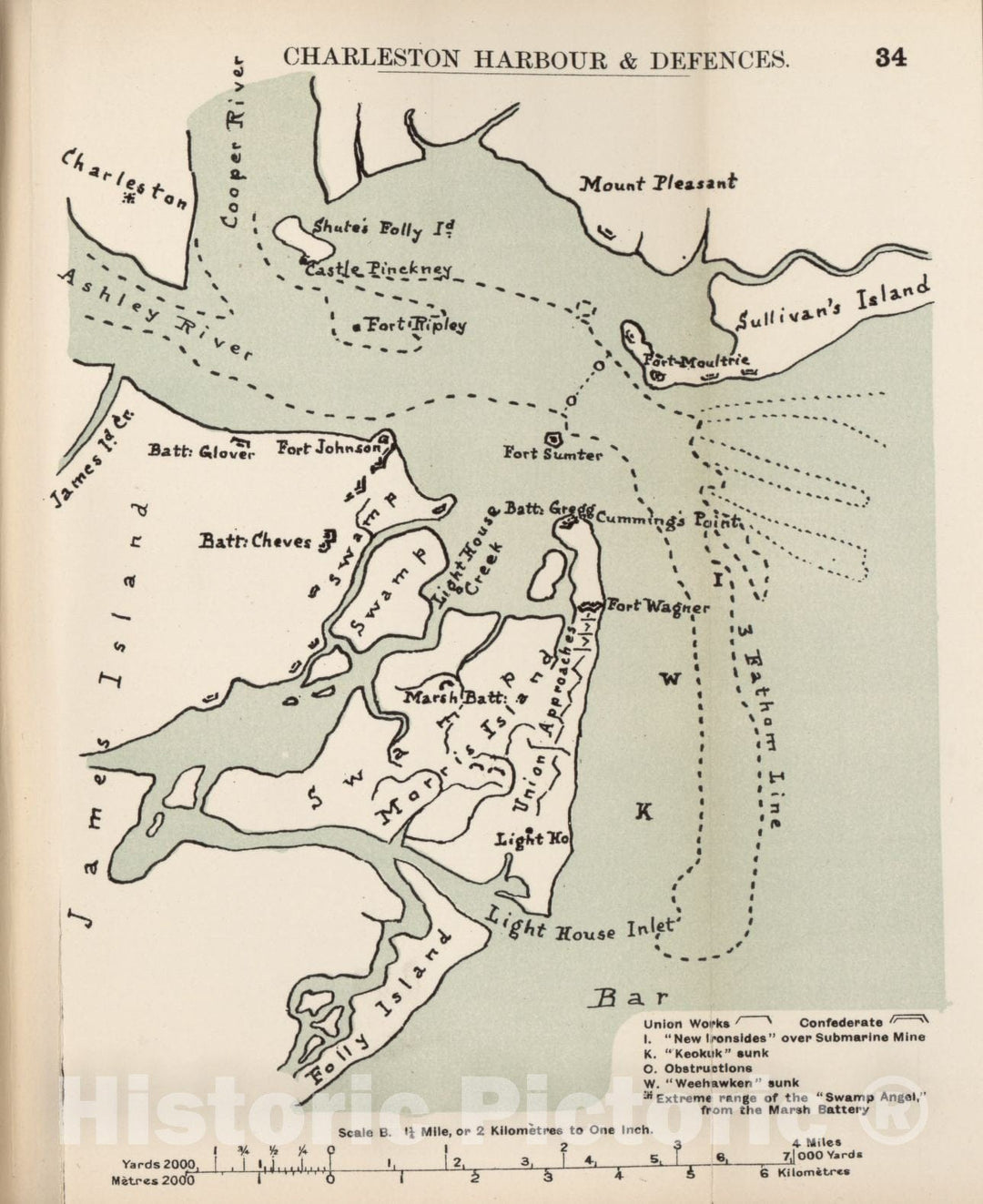 Historic 1910 Map - The American Civil War-maps. - Charleston Harbour and defences 1