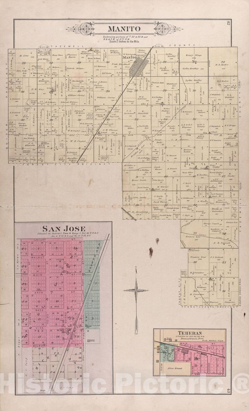 Historic 1891 Map - Plat Book of Mason County, Illinois - Manito - San Jose - Teheran