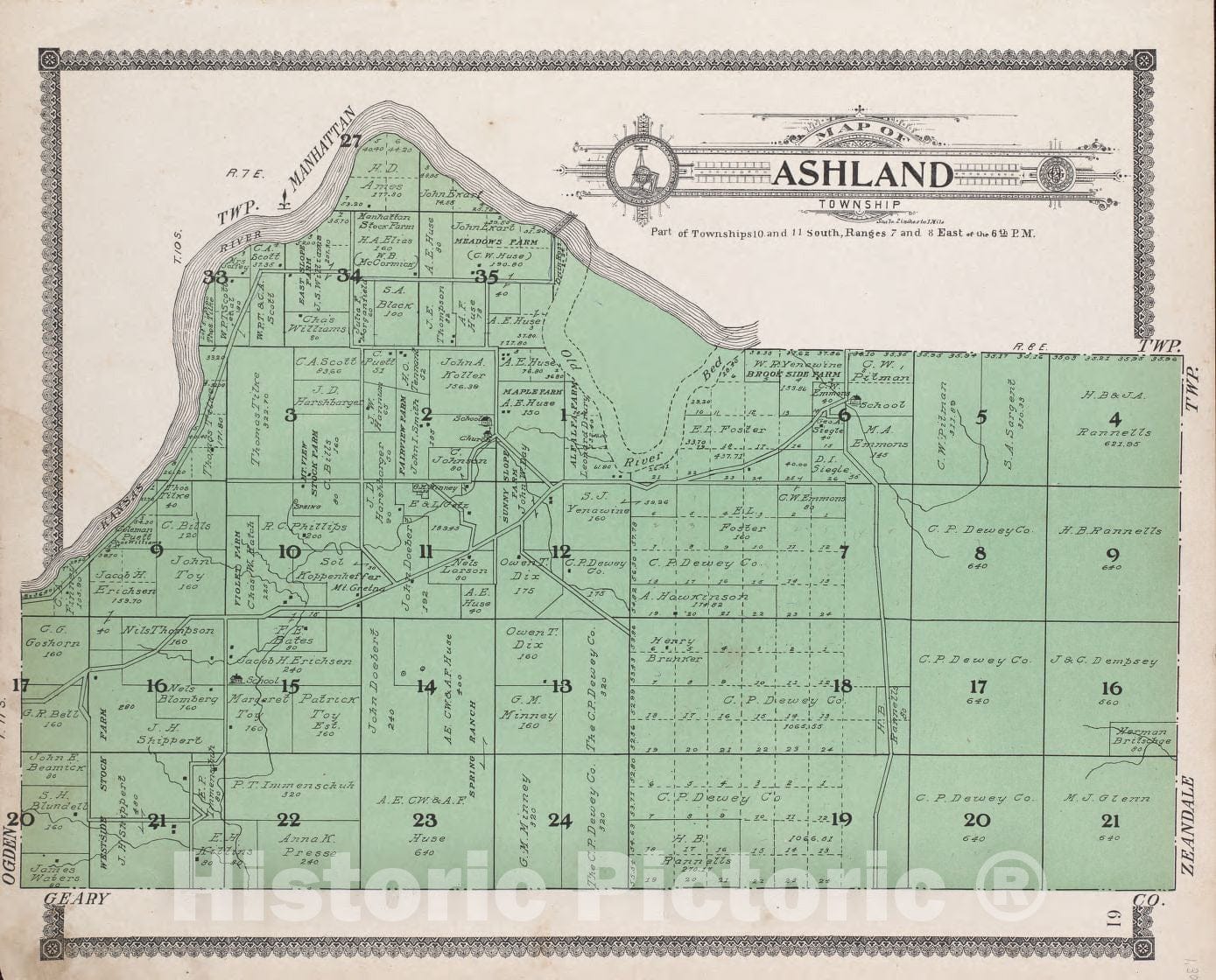 Historic 1909 Map - Standard Atlas of Riley County, Kansas - Map of Ashland Township