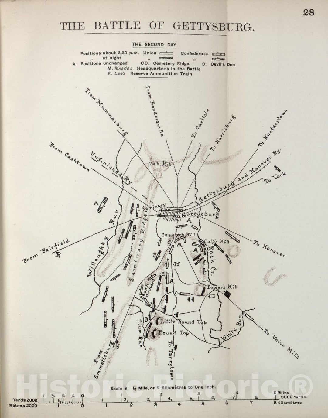 Historic 1910 Map - The American Civil War-maps. - Battle of Gettysburg, The Second Day 2