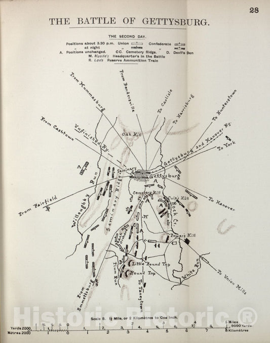 Historic 1910 Map - The American Civil War-maps. - Battle of Gettysburg, The Second Day 2