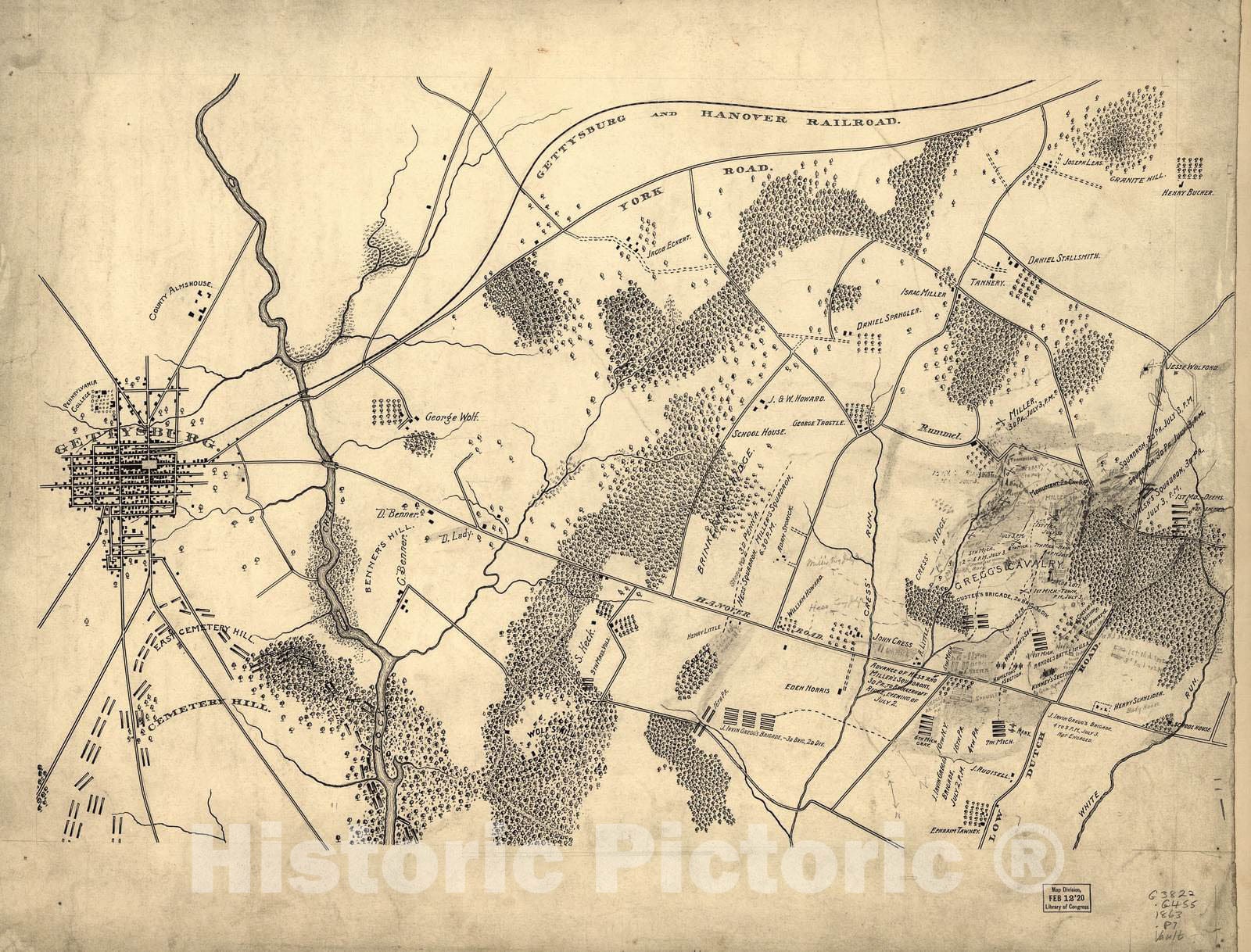 Historic 1863 Map - Map Showing The Tenth New York Cavalry at Gettysburg, Penn. - Preliminary map of Tenth New York Cavalry at Gettysburg