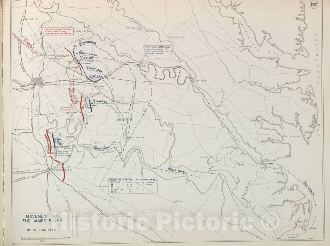 Historic 1959 Map - The West Point Atlas of American Wars - Movement to The James River, June 1864