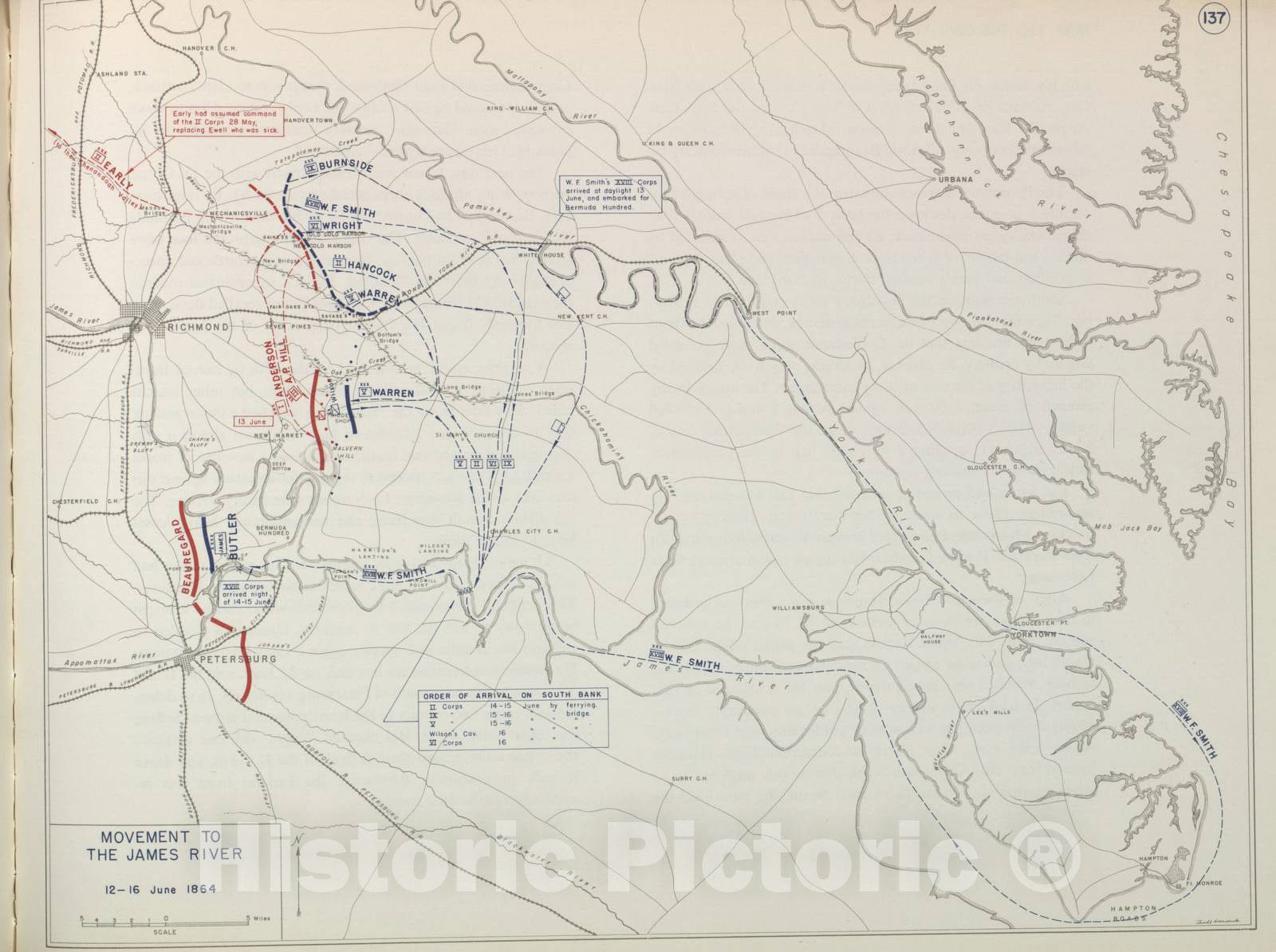 Historic 1959 Map - The West Point Atlas of American Wars - Movement to The James River, June 1864