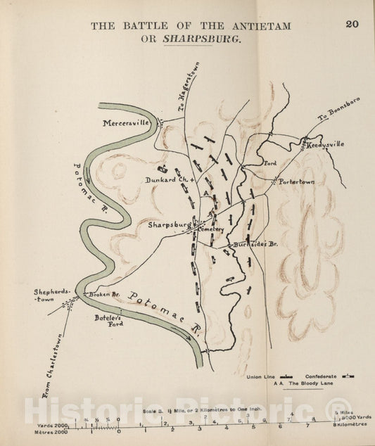 Historic 1910 Map - The American Civil War-maps. - Battle of The Antietam or Sharpsburg 1