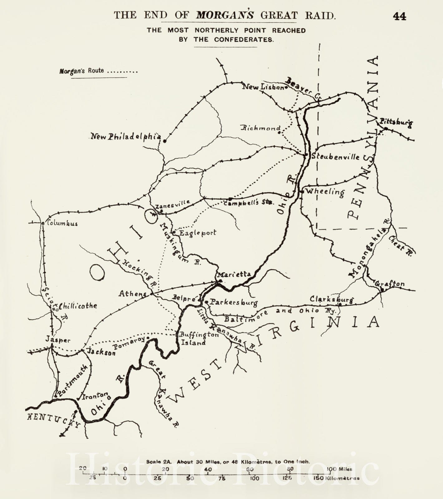 Historic 1910 Map - The American Civil War-maps. - End of Morgan's Great Raid