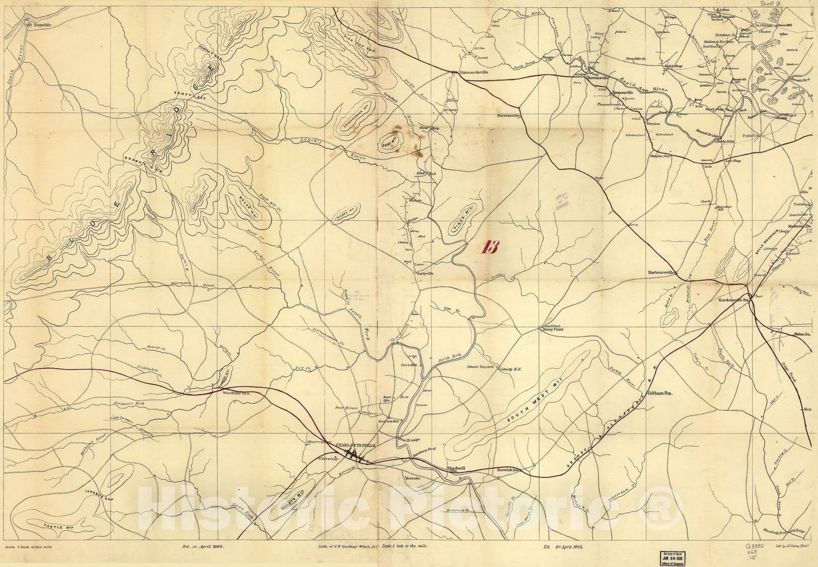 Historic 1864 Map - Central Virginia. - Charlottesville, Port Republic, Gordonsville, and Vicinity, 1864