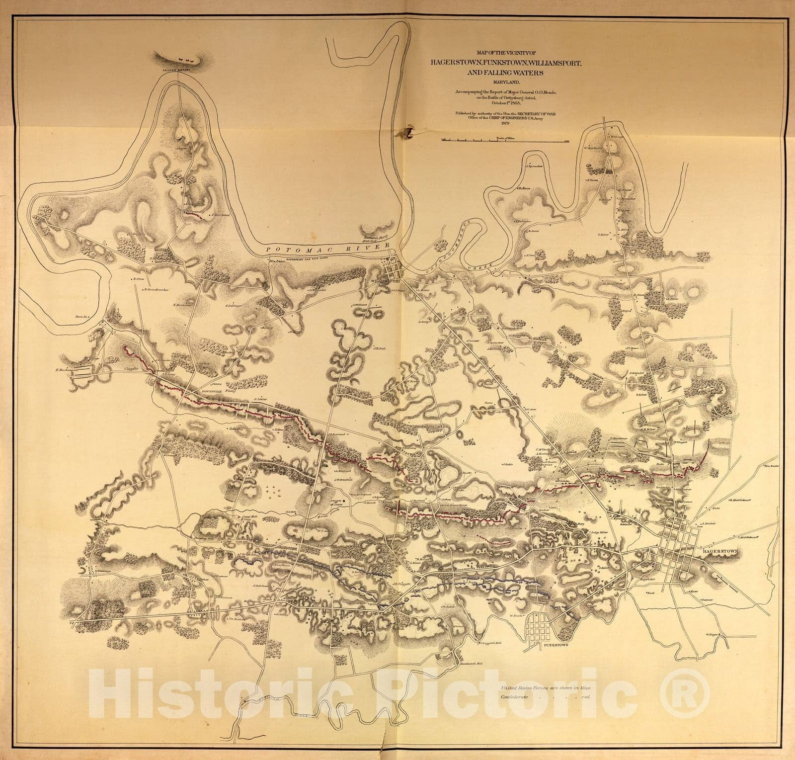 Historic 1879 Map - Military maps. - Map of Vicinity of Hagerstown,Funkstown,Williamsport,and Falling Waters,Md,1863