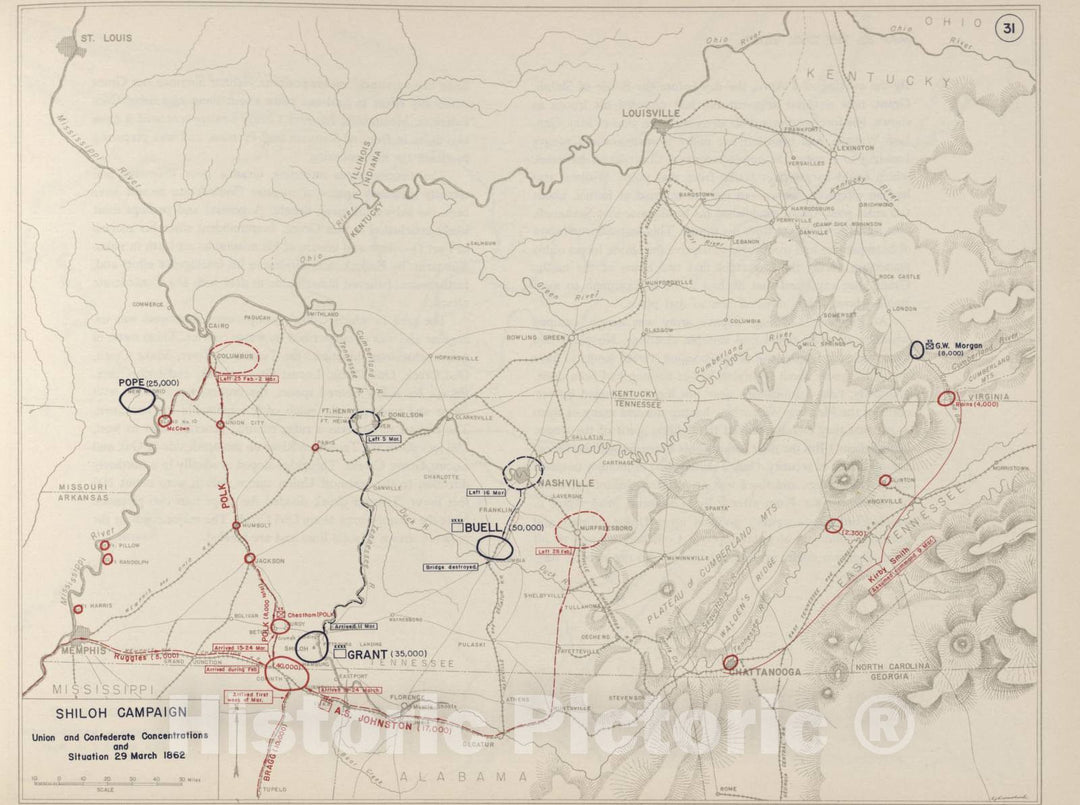 Historic 1962 Map - The West Point Atlas of The Civil War - Shiloh Campaign, March 29, 1862
