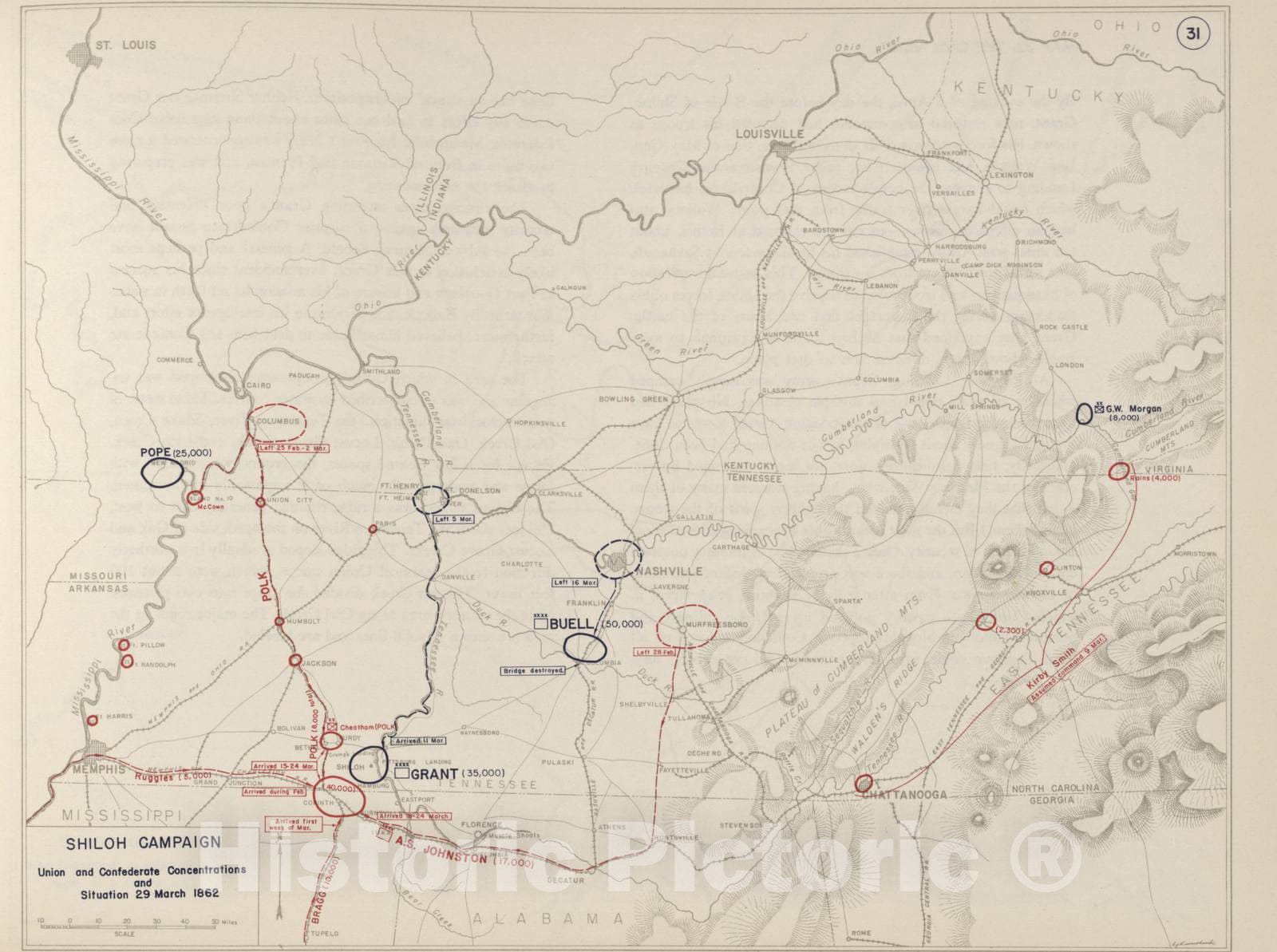 Historic 1962 Map - The West Point Atlas of The Civil War - Shiloh Campaign, March 29, 1862